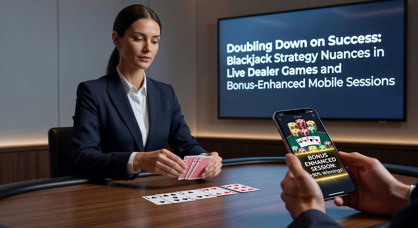 Ein Live-Dealer am Blackjack-Tisch mit Spielern, die Strategien wie Doubling Down anwenden, während Karten fliegen und Chips stapeln