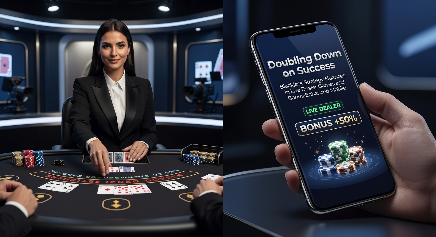 Mobile Blackjack-Session auf Smartphone mit Bonus-Anzeige, Live-Dealer im Hintergrund und Strategie-Overlay für Doubling Down-Entscheidungen