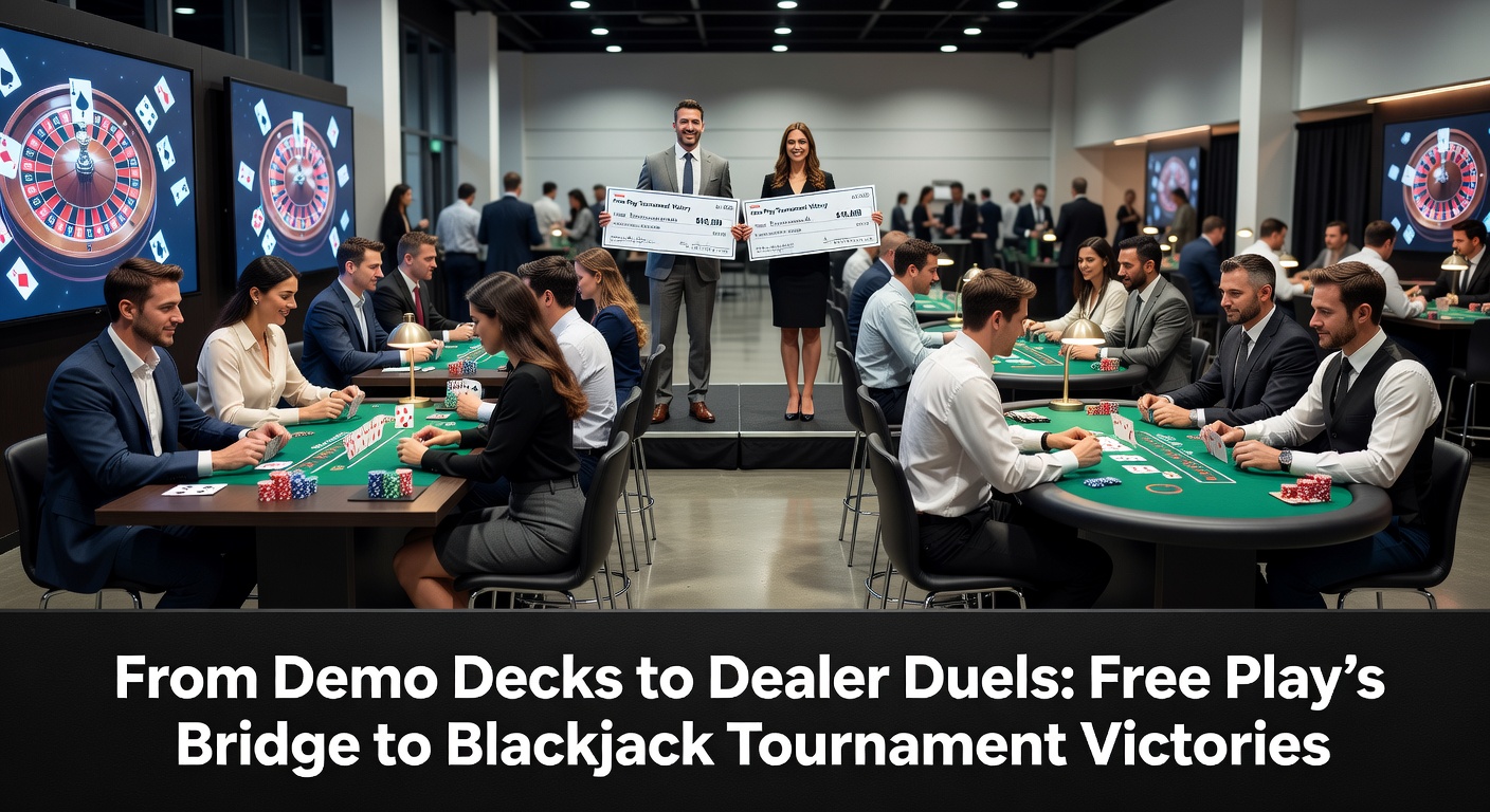 Ein Blackjack-Spieler übt im Demomodus an einem virtuellen Tisch, während Turnierchips im Hintergrund leuchten