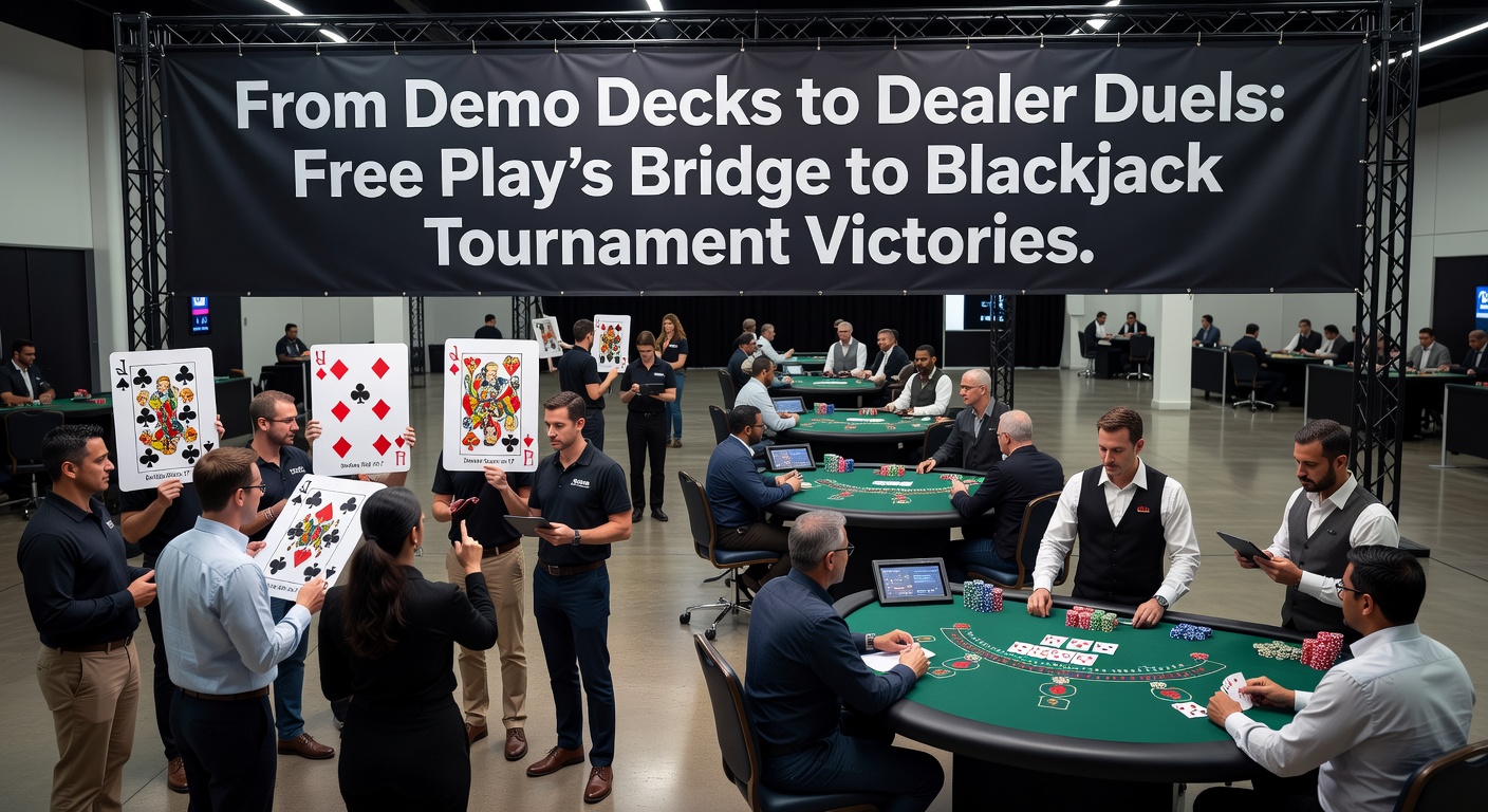 Live-Blackjack-Turnier mit Spielern am Tisch, Dealer verteilt Karten unter grellen Lichtern