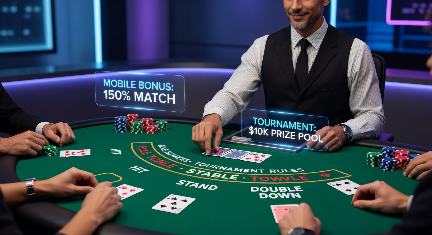 Live-Dealer-Blackjack-Tisch mit Karten und Chips, der die Kernaktionen Hit, Stand und Double Down zeigt
