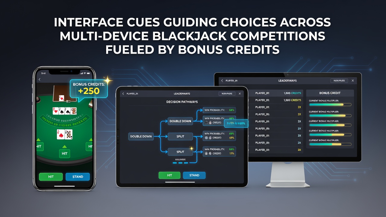 Illustration von Multi-Device-Blackjack-Turnieren mit integrierten Interface-Cues und Bonus-Credit-Systemen