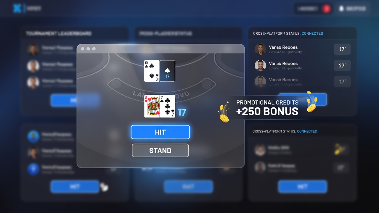 Darstellung von Benutzeroberflächen-Elementen wie Entscheidungsbuttons und Indikatoren in einer Blackjack-App während eines Turniers
