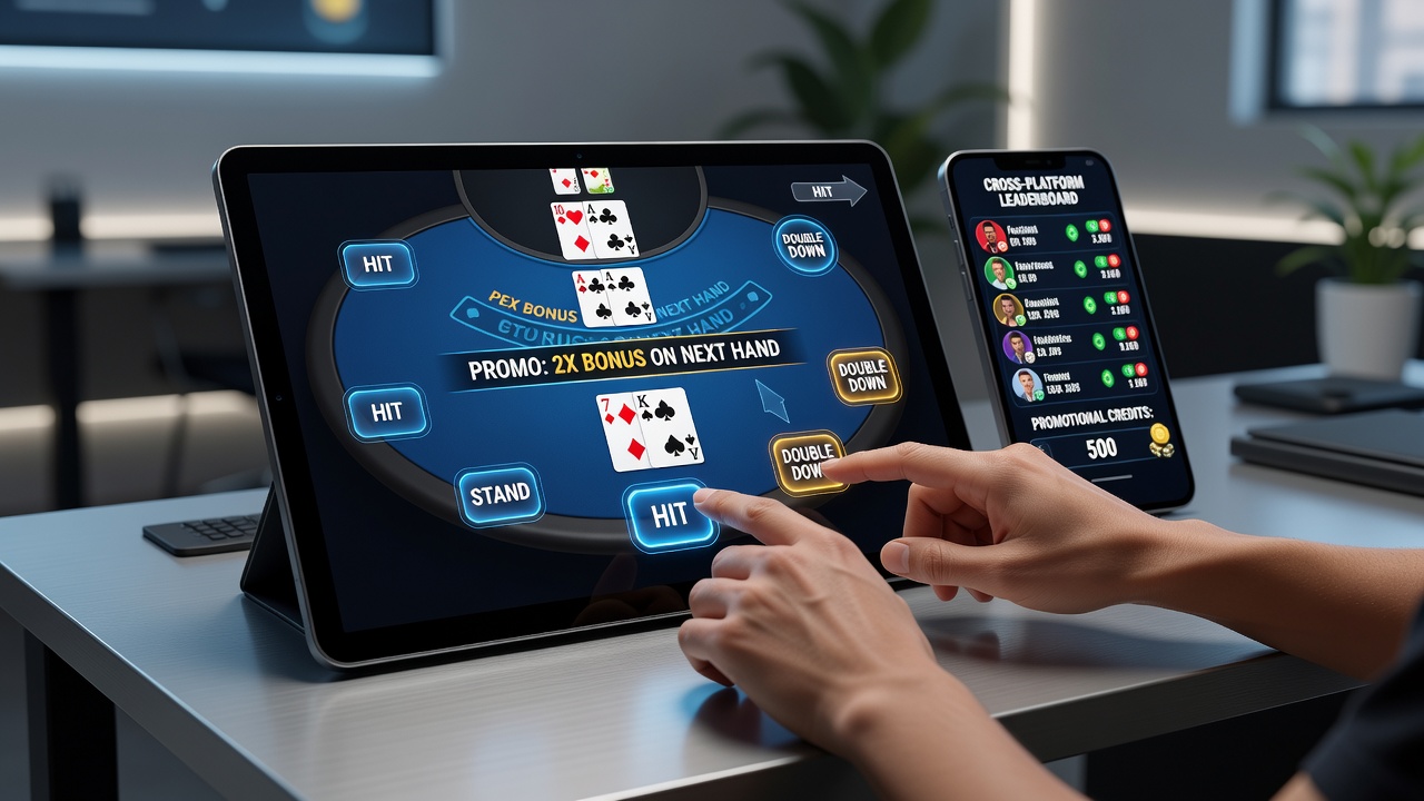 Detailansicht einer mobilen Blackjack-Oberfläche mit Guthaben-Indikatoren und Handentscheidungs-Buttons in einem Turnier-Setting