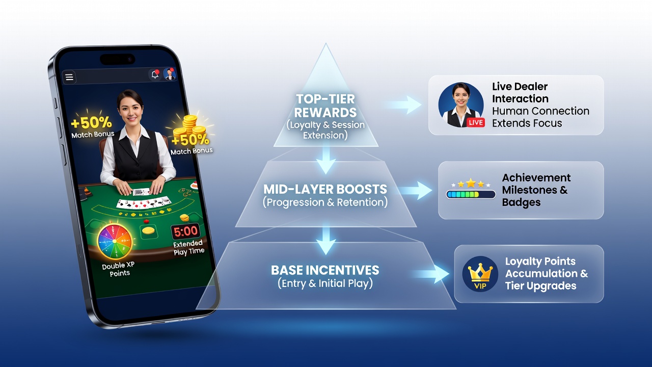 Live-Dealer Blackjack Session mit gestaffelten Boni und mobiler Turnierübersicht