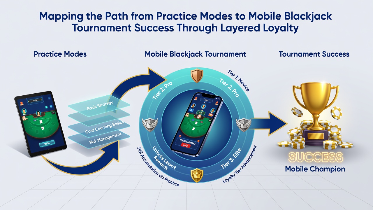 Mobile Blackjack-Turnieroberfläche mit Treuepunkte-Anzeige und Übungsfortschritt
