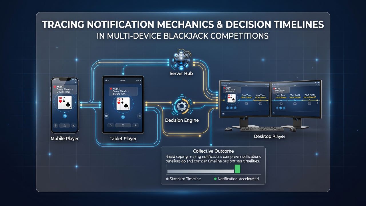 Illustration der Benachrichtigungsmechanismen in Multi-Device-Blackjack-Umgebungen mit Zeitachsen und Gerätesymbolen